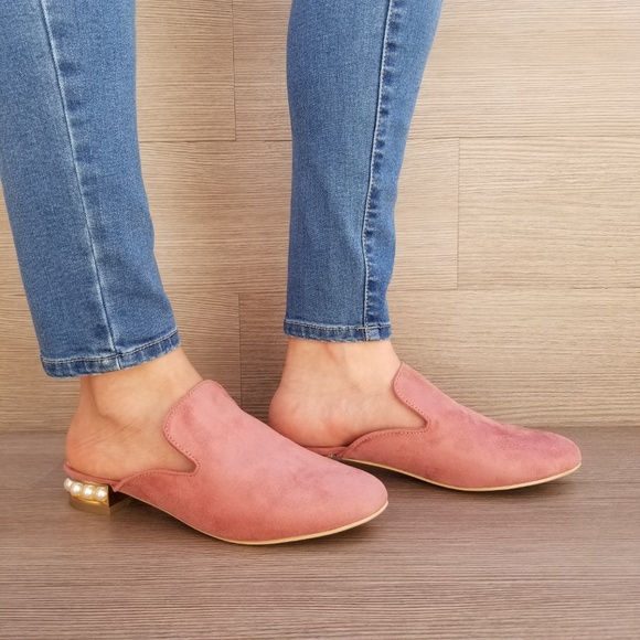 Suede Slip On Loafer Mule Pearl Accents on Heel - Picture 3 of 7